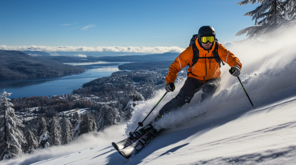 A lone skier carving down a sheer narrow chute