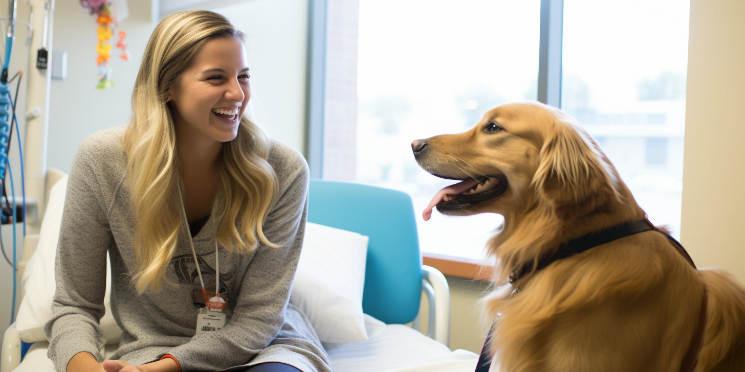 Patient smiling while petting a therapy dog sitting Patient smiling while petting a therapy dog sitting