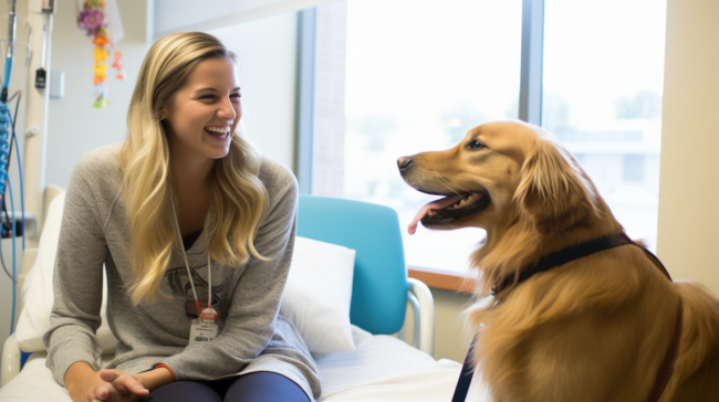 Patient smiling while petting a therapy dog sitting